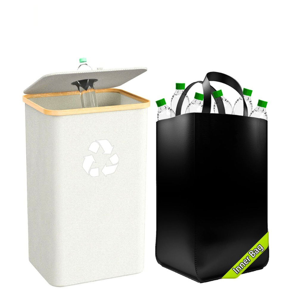 Botella reciclada cesta de almacenamiento de bambú con cubierta cesta de ropa sucia cesta de almacenamiento desmontable cesta de reciclaje caja de reciclaje plegable doméstica