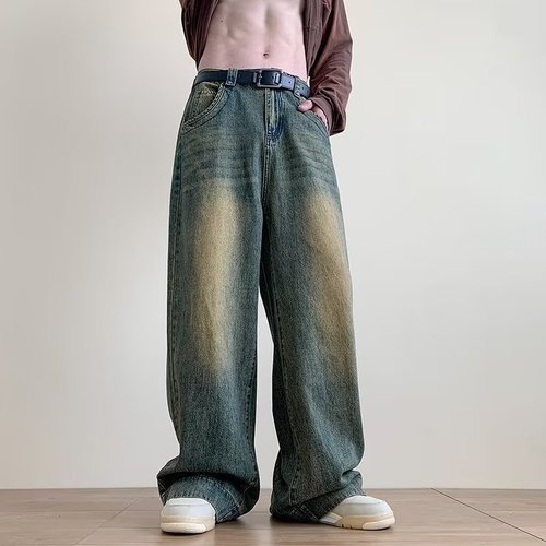 Washed Distressed Denim Jeans for Men - Spring and Autumn American Street Style Cool Brand Versatile Loose Straight Leg Wide Leg Casual Pants