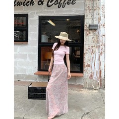 女性用フレンチフローラルシフォンスカート、夏のハイウエストデザイン、ニッチフェアリースカート、小柄なフィッシュテールロングスカート