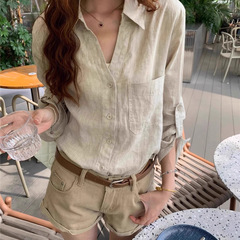 原麻色老钱风衬衫女夏薄款松弛感设计感V领棉麻衬衣防晒上衣