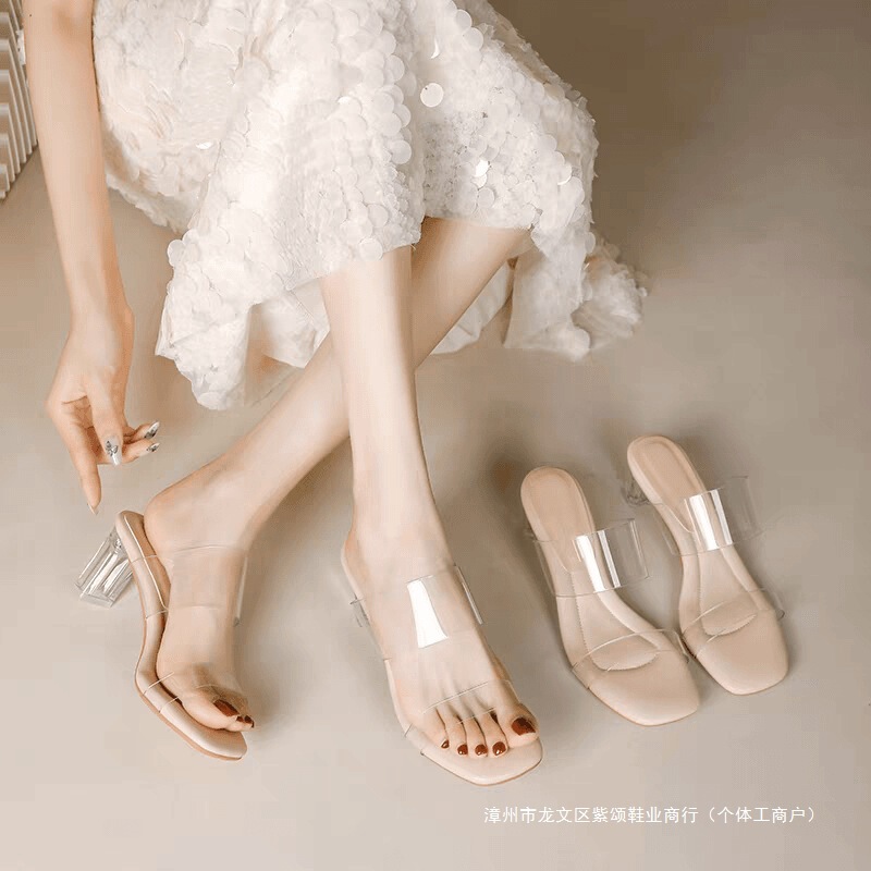 Slip-On High-Heeled Shoes for Women, 2026 Summer New Style, Transparent Design Crystal Sandals for Outdoor Wear