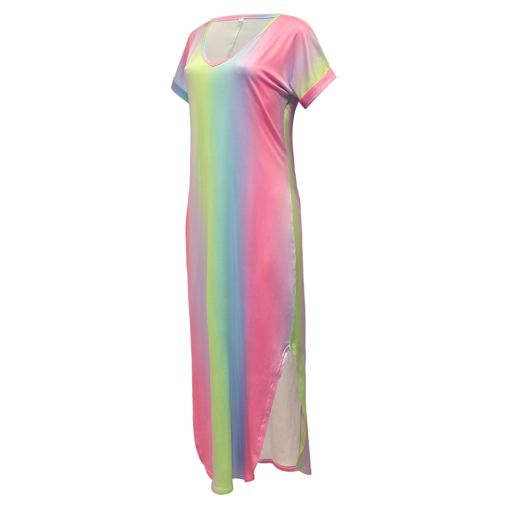 Summer Women Clothing Tie-Dye Printed V-neck Short Sleeve Loose Casual Dress Maxi Dress