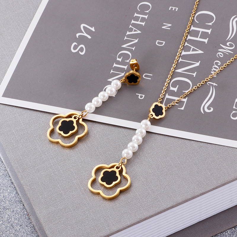 Fashion Flower Titanium Steel Inlay Artificial Pearls Earrings Necklace 1 Set