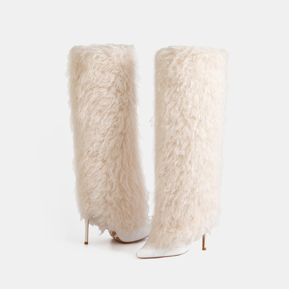 Bốt ngắn mũi nhọn gót cao 12 cm viền lông giữ ấm phong cách thời trang — Màu trắng, màu đen chi tiết 7