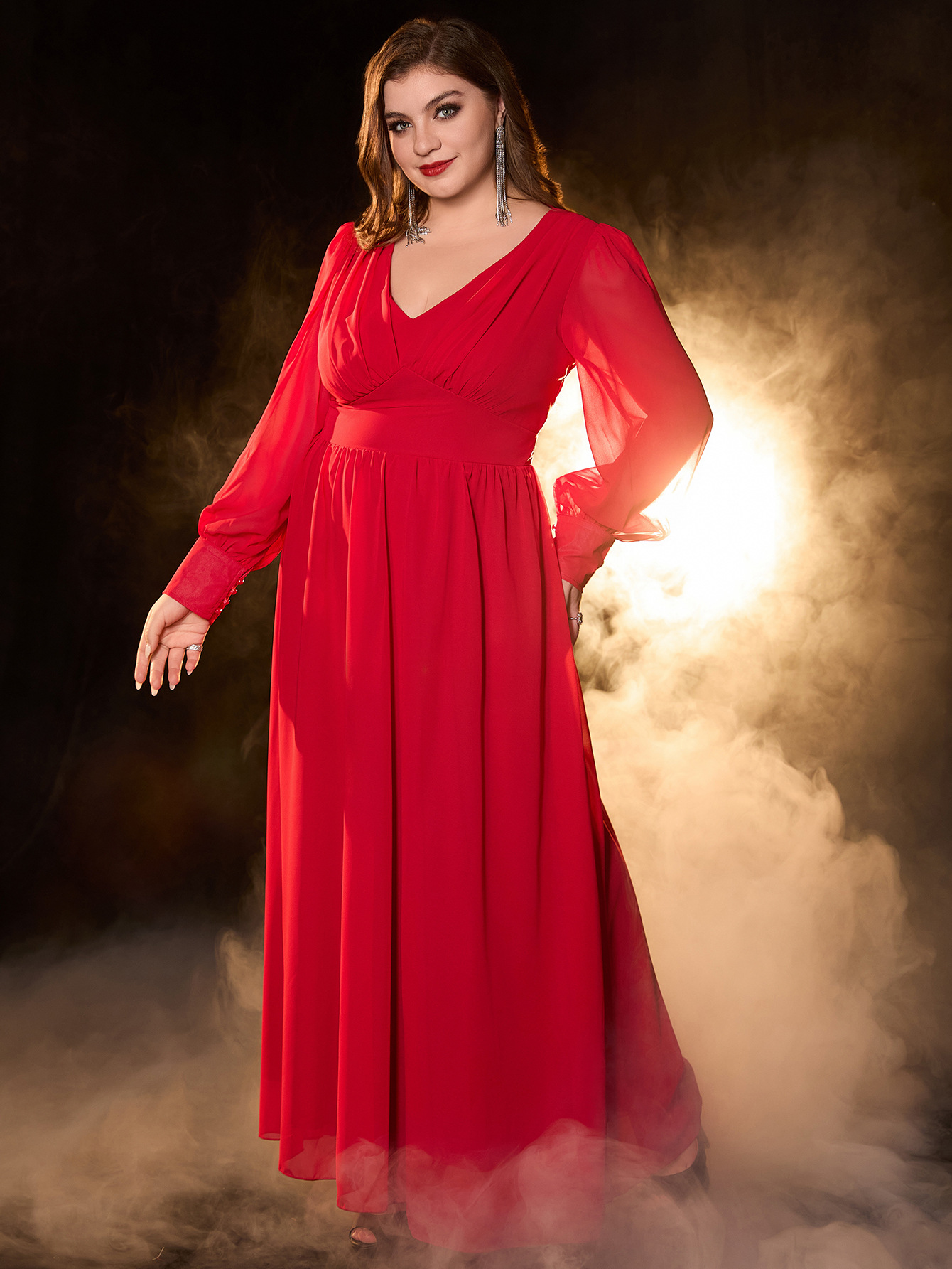 Vestido de talla grande, nuevo vestido largo de gasa con cuello en V y manga larga para mujer, exclusivamente para venta al por mayor transfronteriza.