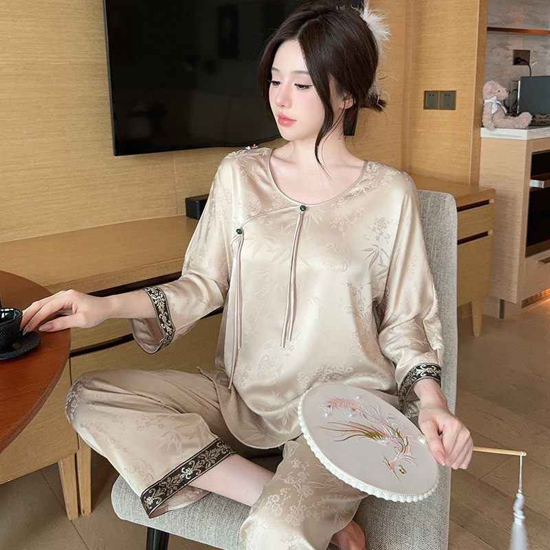 Golden Guofeng Ice Silk Pajamas Women's Thin New Chinese Style Home Clothes suit Vintage Jacquard High-end Wearable