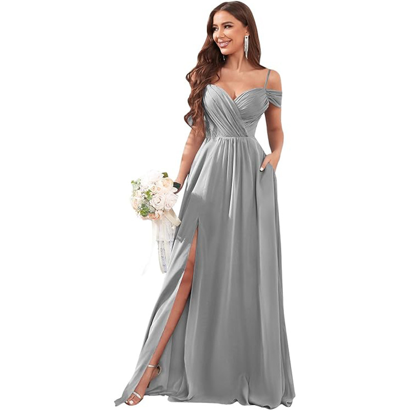 Vestido de noche de un solo hombro sexy europeo y americano, vestido de falda larga de cola de pez de encaje, dama de honor de gasa a nivel de diosa, caída delgada