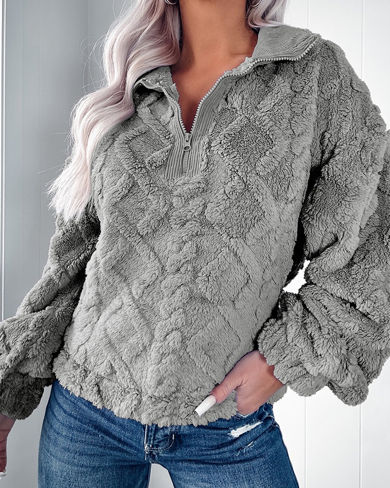 Women's Clothing simple solid color half zip stand collar loose plush pullover sweatshirt_voghion.com