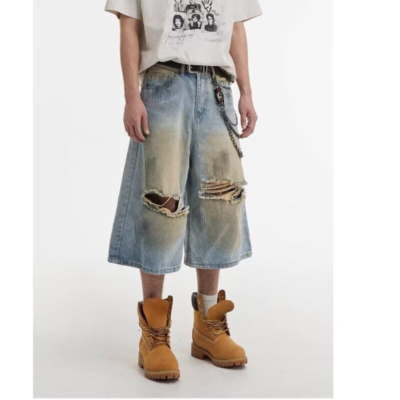 American Trendy Brand Handsome Ripped Washed Denim Shorts Men's Summer Straight Loose Wide-Leg Pants Men