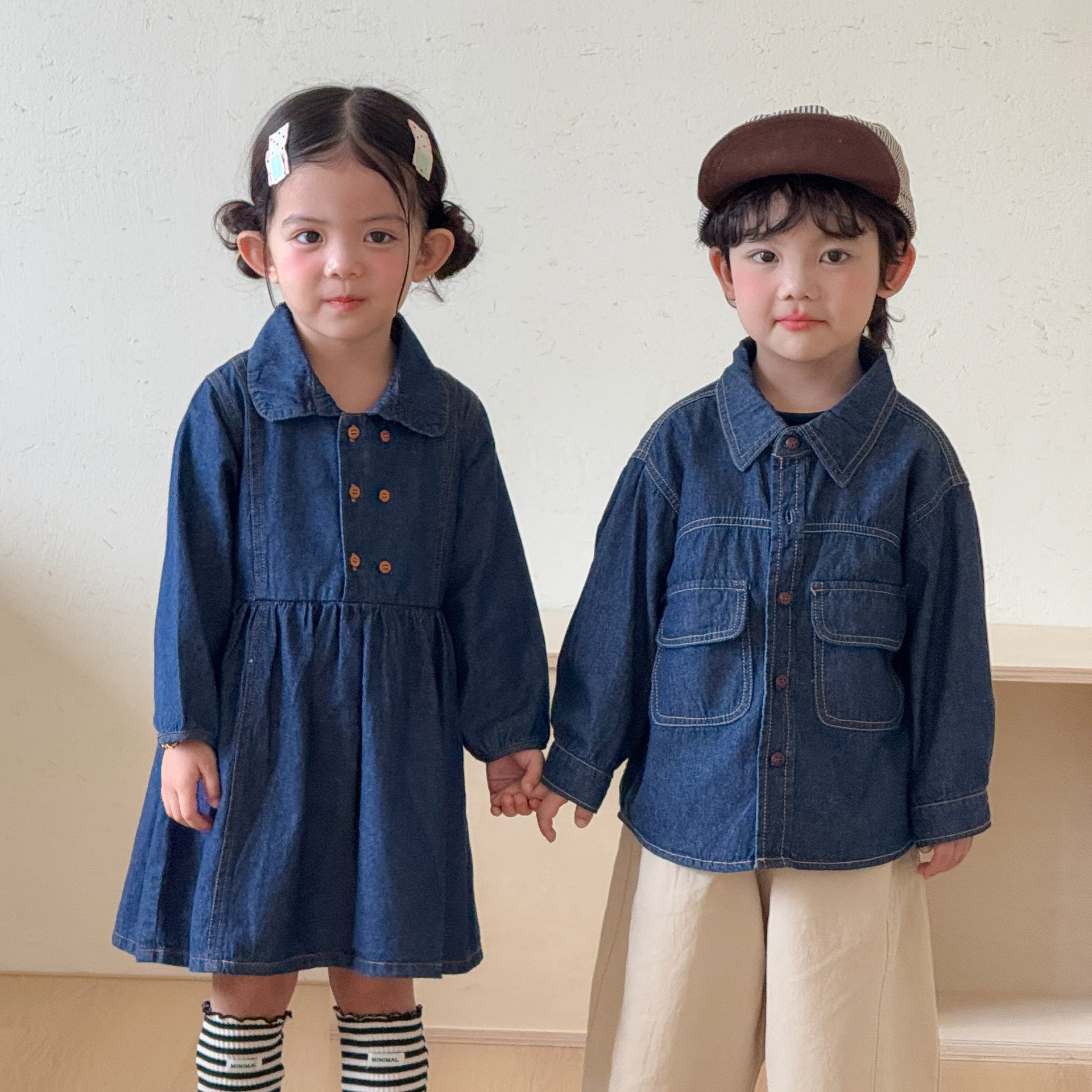 Girls' denim dress, brother and sister autumn outfits, children's long-sleeve 2026 new spring and autumn baby boys' shirt jacket