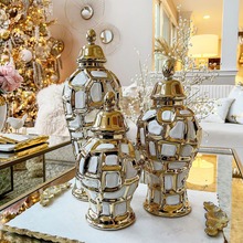 轻奢电镀金边金格陶瓷花瓶工艺品摆件样板房家居客厅玄关软装饰品
