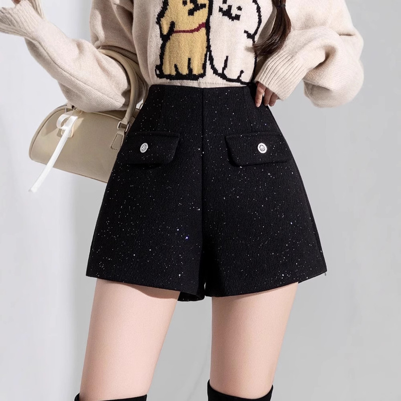 Tweed Style Sparkling Sequin Woolen Shorts Women's 2025 Autumn and Winter A-Line High Waist Slim Straight-Leg Leg Wide Leg Outer Boot Pants