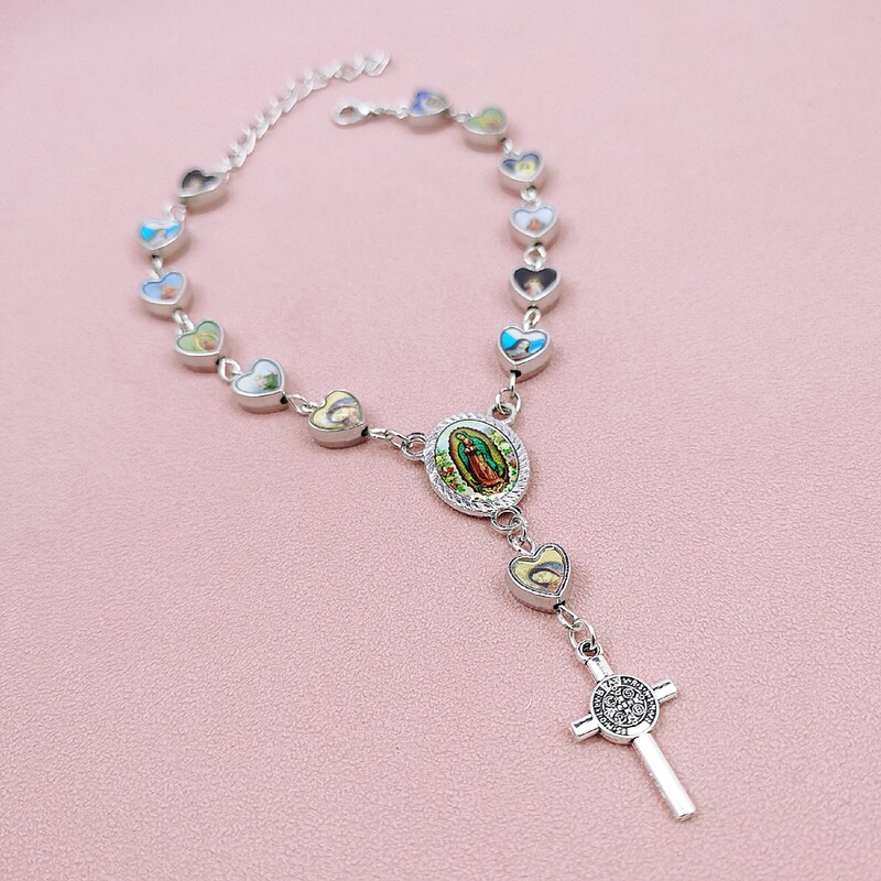 Amazon Temu Hot Selling Silver Heart-Shaped Alloy Cross Pendant Rosary Bracelet Women's Baptism Bracelet Gift