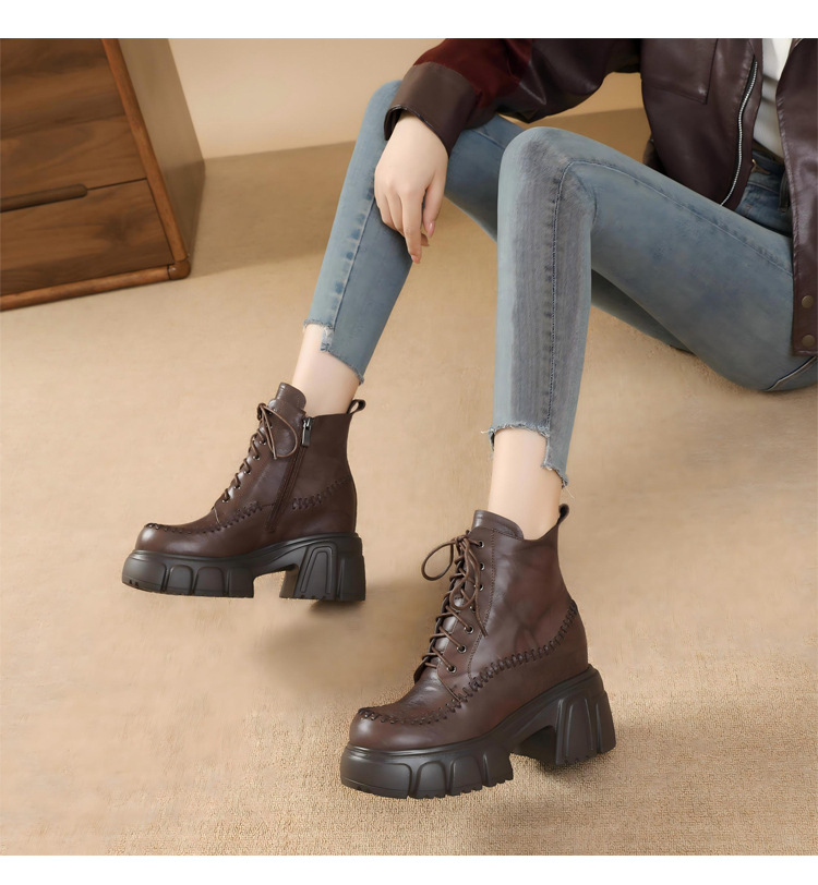 Boot nữ da thật cổ cao ôm bắp chân, đế dày 10 cm, phong cách cổ điển — Lớp lót nhung đen chi tiết 5