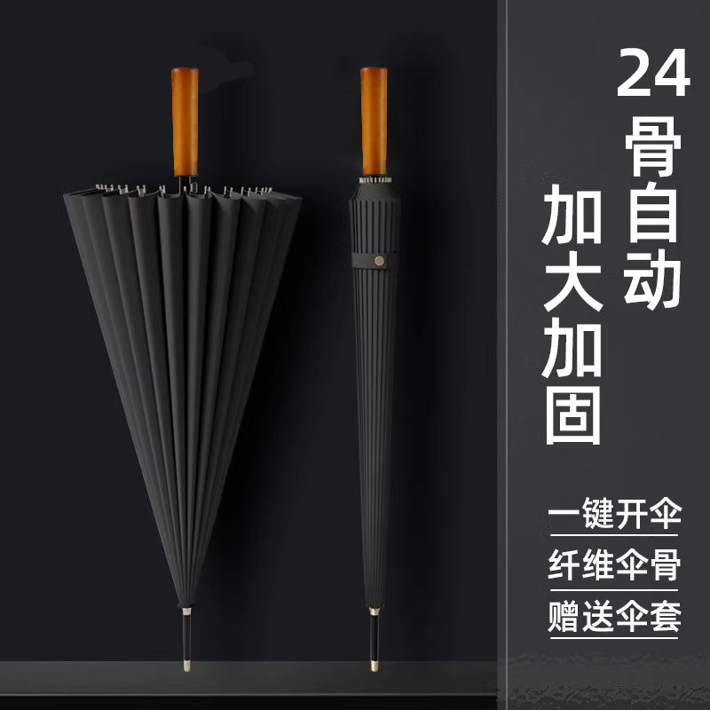 24-Rib Long-Handle Umbrella, Large Automatic Storm-Resistant Umbrella, High-End Solid Wood Wind-Resistant Custom Straight Umbrella for Men