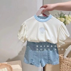 Children's clothing girls embroidered T-shirt 2023 summer Korean version for small and medium-sized children, versatile short-sleeved tops, denim shorts, trendy