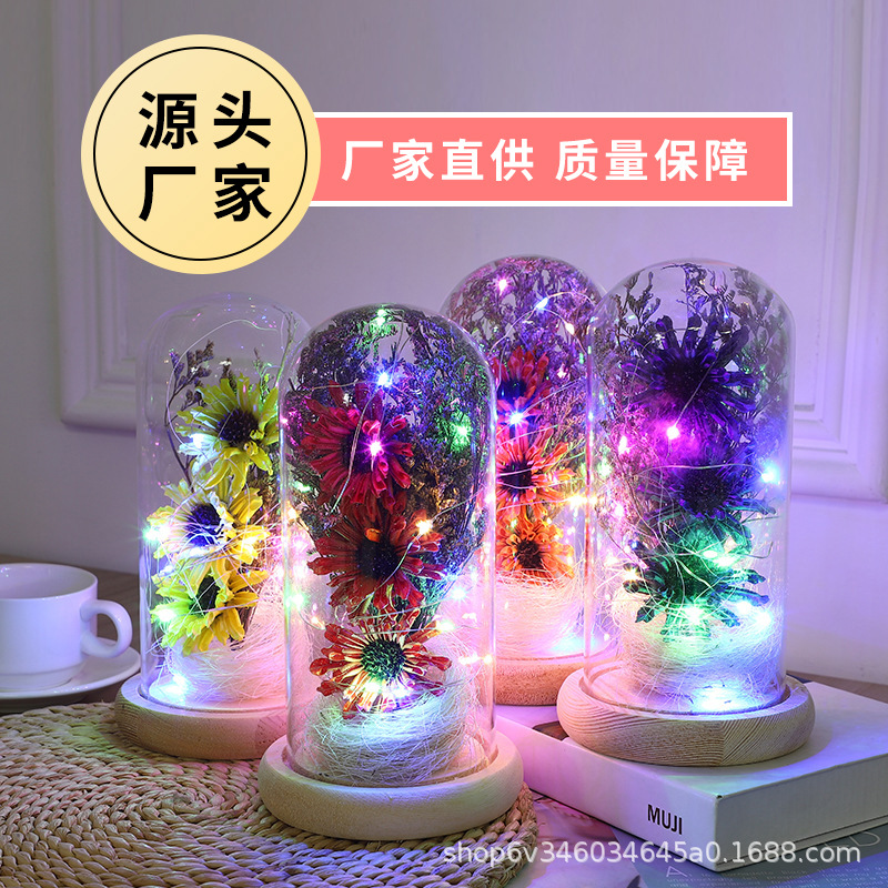 Cross-border exclusive source eternal flower glass cover, gold foil flower bands with warm lights, rose for Qixi Festival Valentine's Day decoration