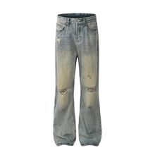 曼坤FX010-欧美式街头高街微喇废土风破洞复古做旧男女同款牛仔裤