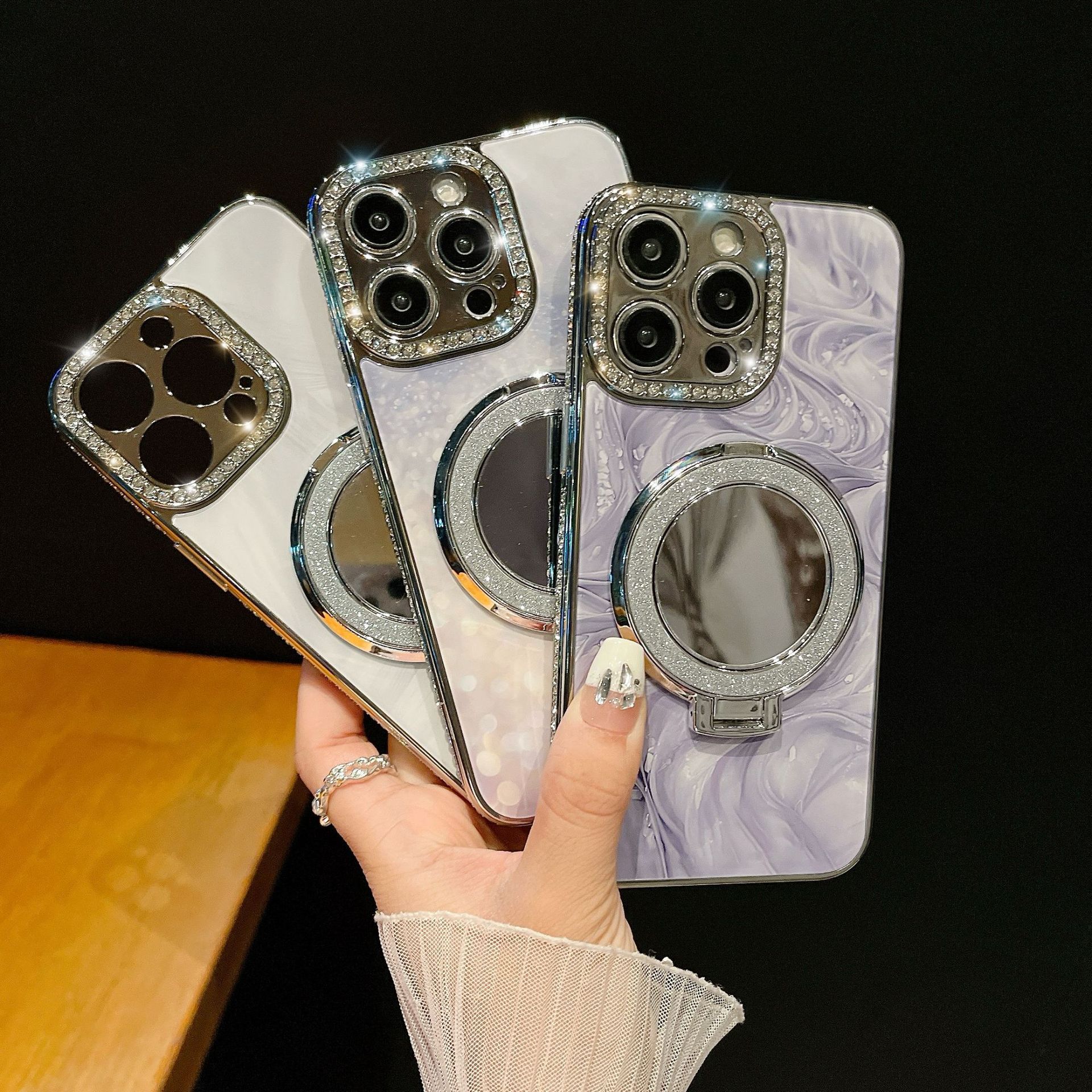 Sencillo florido 16ProMax Soporte de espejo de maquillaje iphone14 Funda para teléfono móvil Apple 15 Mujer 14 Lujo ligero 16