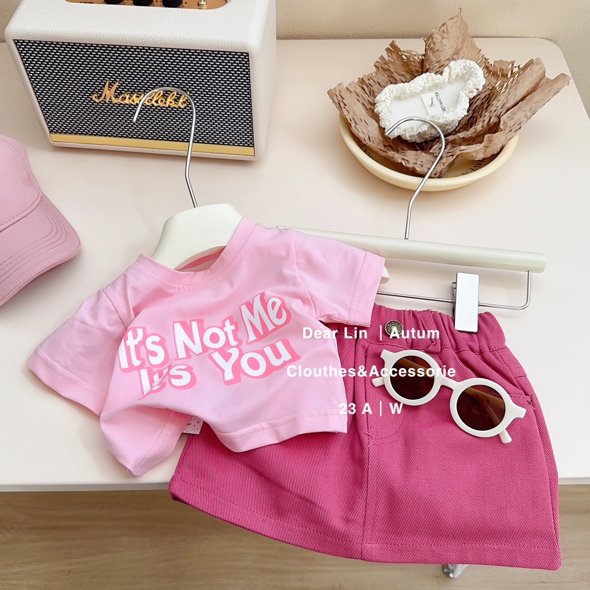 女童夏季韩版童装短袖棉质T恤2024儿童短裙粉色撞色上衣洋气套装