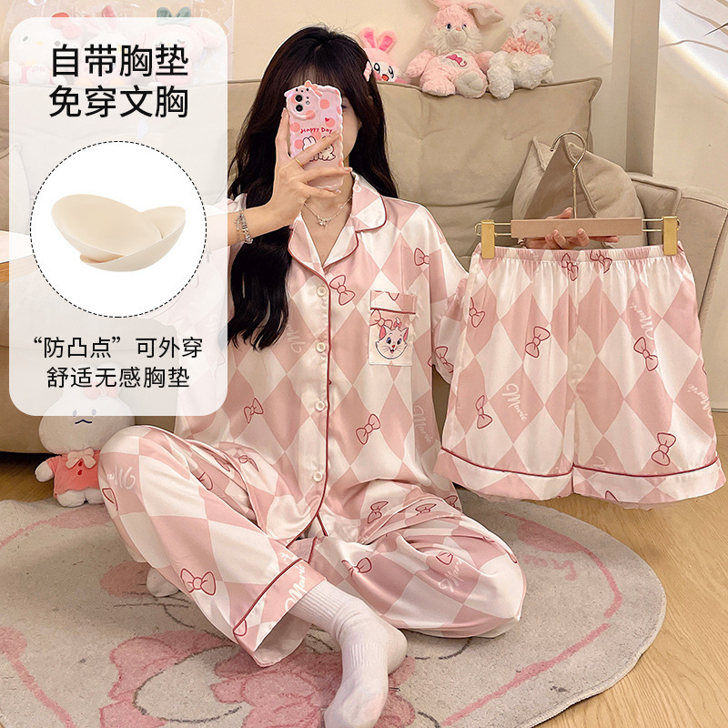 밖에서 입을 수 있는 하이룩 2024 신제품 반팔 3피스 학생 가정복 여성용 아이스 리본 가슴 패드 잠옷