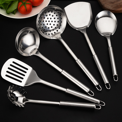 Stainless steel round handle kitchenware set, home kitchen cooking utensil combination, frying spatula, soup spoon, flour scoop, cookware
