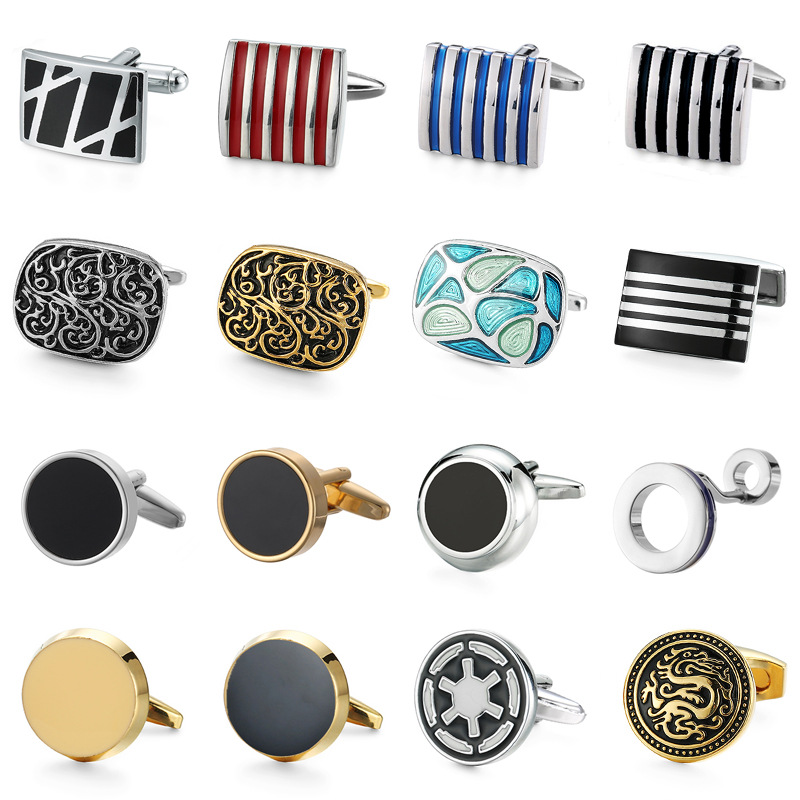 帧萌优质法式衬衫袖扣经典珐琅复古花纹纽扣圆形黑底袖钉外贸批发