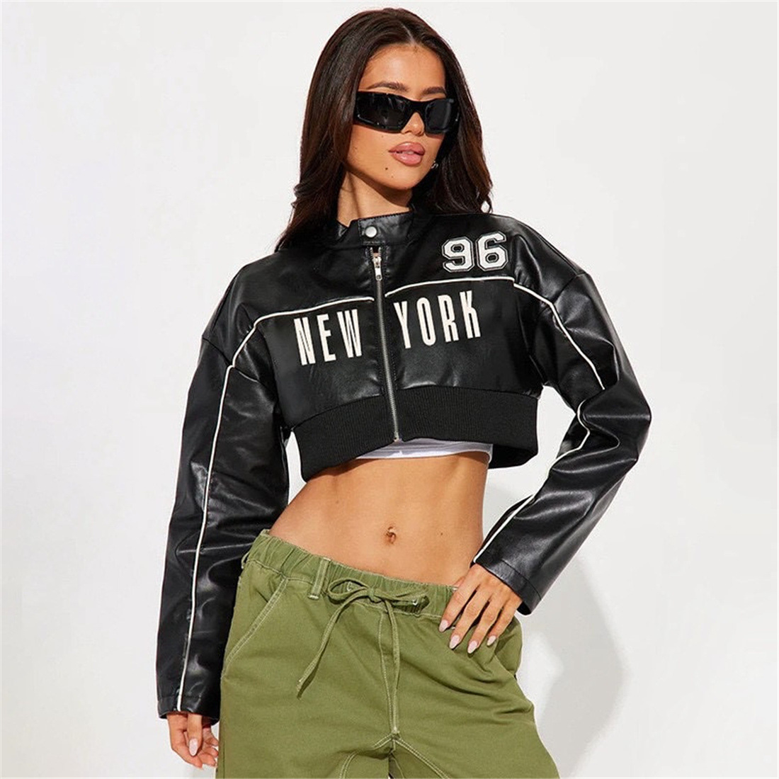 Women's Slim Fit Short Zip up Leather Jacket Autumn Fashion Print Patchwork Outerwear_ecoleips.com
