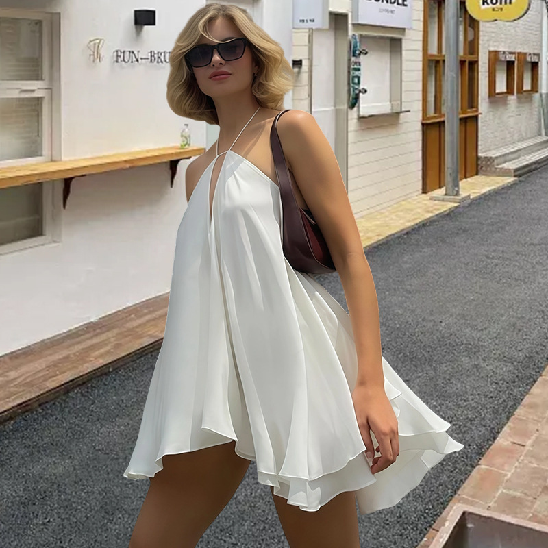 Women's Sexy Deep V Neck Backless Halter Neck Loose A-Line Dress European American Style 2025 Cross Strap Dress_ecoleips.com