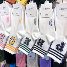 韩国进口袜子三杠条纹街头运动潮棉袜东大门字母BC白色中筒女袜子