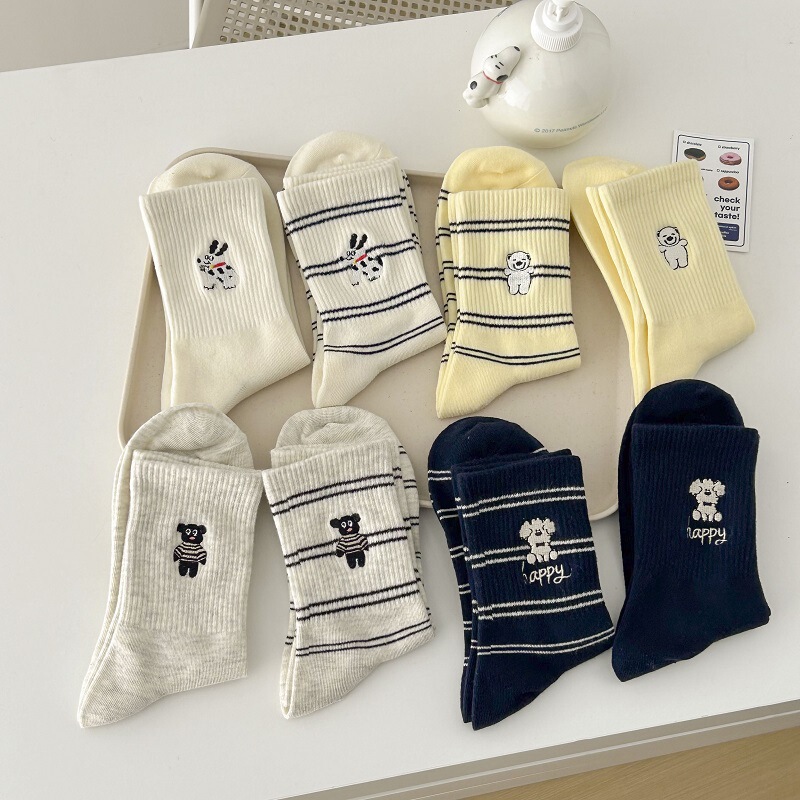 Autumn New Cute Dog Embroidered Socks Children's Mid-tube Socks Summer Japanese Style Cartoon Striped Casual Stacked Socks