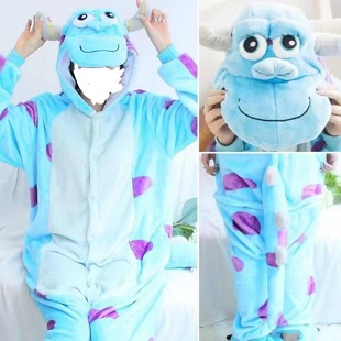 Autumn and Winter Cute Kidsren's Cartoon Performance Clothes Blue Cow Jumpsuit Animal Home Clothes Thick Pajamas Flannel Pajamas