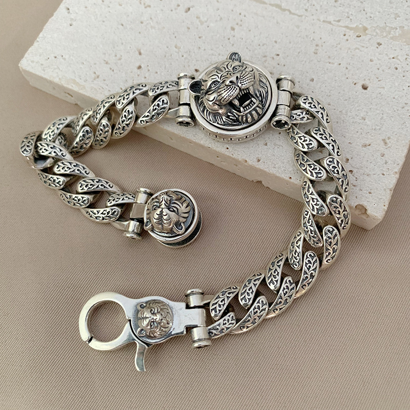 S925 sterling silver heavy industry carving creative new rotating tiger head Bracelet Men's hip hop thick style animal year hand jewelry