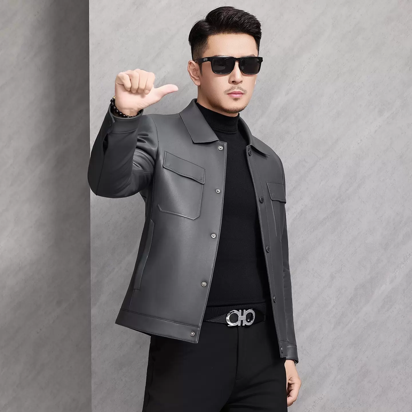 新款海宁真皮皮衣男士绵羊皮外套翻领休闲工装秋冬高端羽绒皮夹克