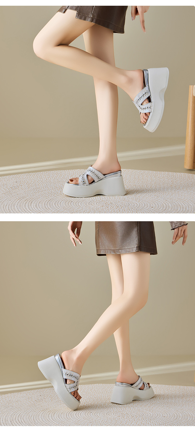 Dép sandal nữ xỏ ngón đế bệt phong cách trẻ trung, gót 10 cm — màu vàng, màu trắng chi tiết 6