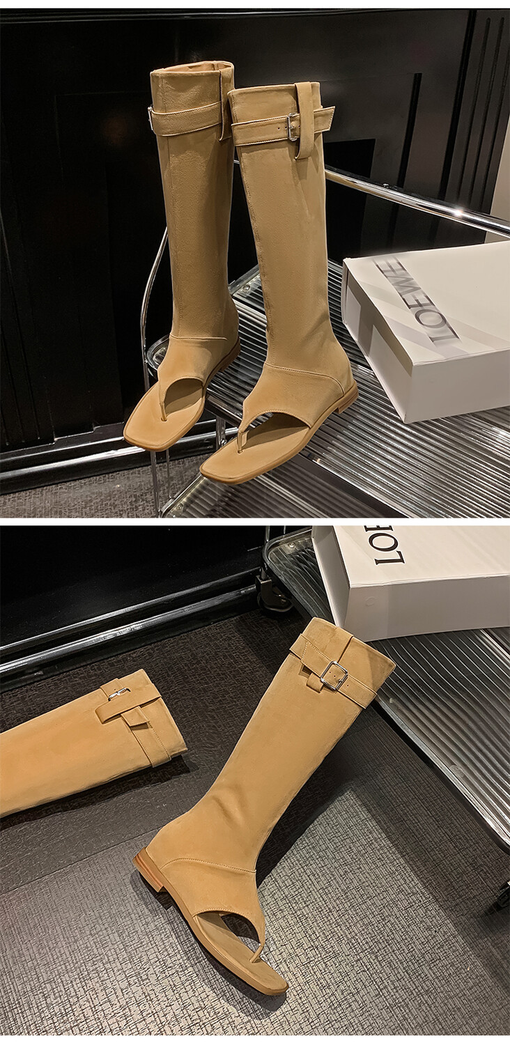 Boot nữ cổ cao ôm bắp chân da thật phong cách miền Tây — mơ, nâu chi tiết 3
