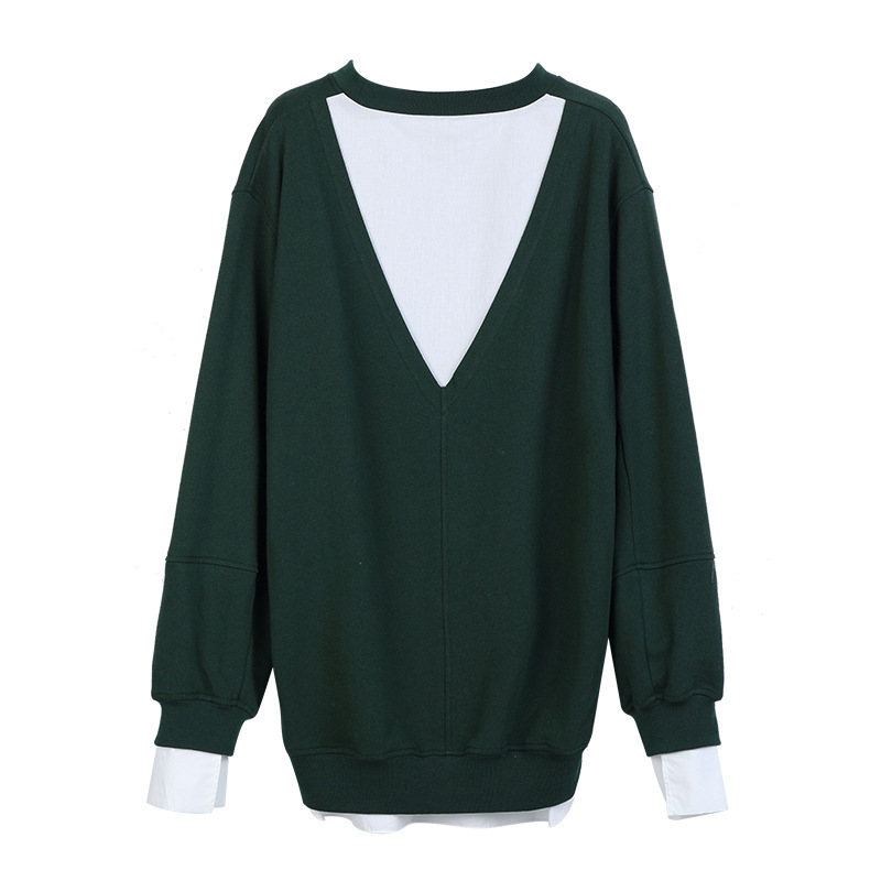 [13] 2017 Autumn New sweater women loose forest green fake two long sleeve pullover top women FK28
