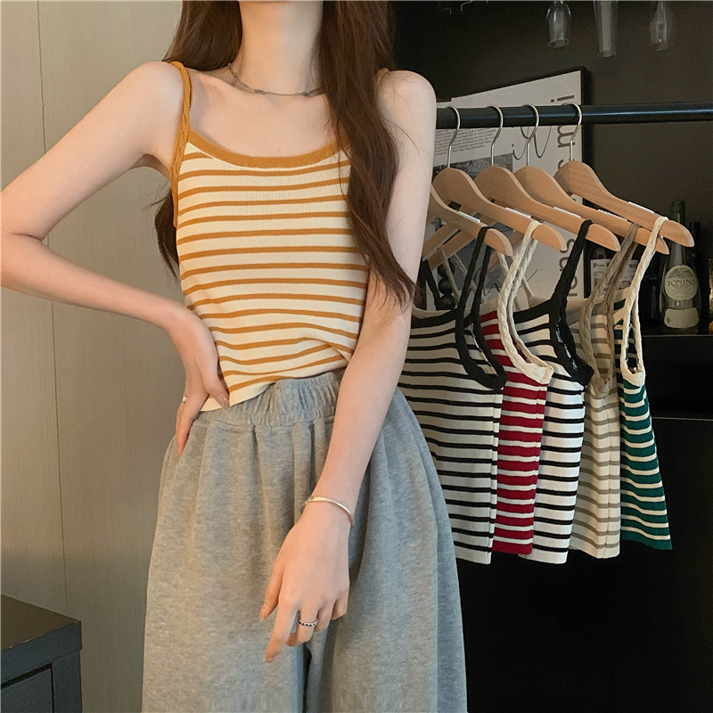 2025 Spring and Summer Stripesd Camisole Women's Inner Wear Summer Outer Wear Design Niche Ice Silk Knitted Spaghetti Straps 2025 Spring and Summer Stripesd Camisole Women's Inner Wear Summer Outer Wear Design Niche Ice Silk Knitted Spaghetti Straps