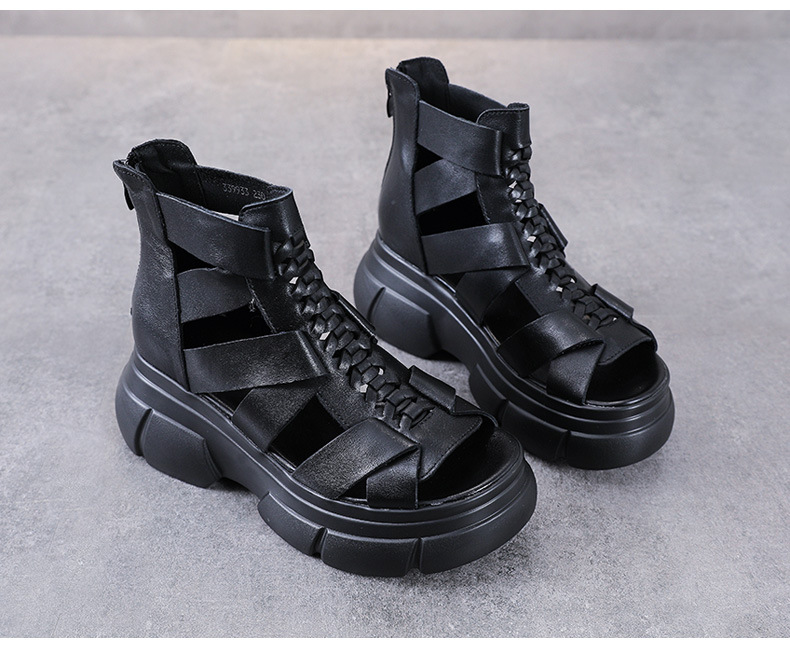 Boot nữ cổ thấp hở mũi đế dày da bò, phong cách La Mã — Màu nâu chi tiết 12