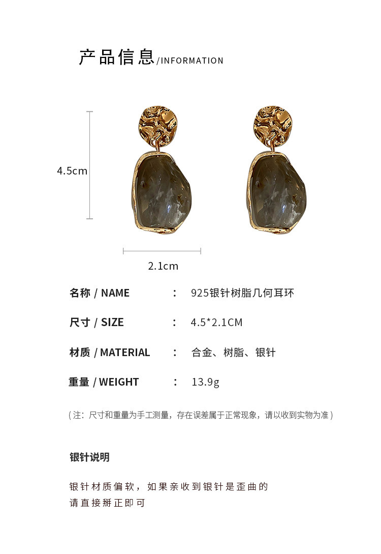 925 Silber Nadel Harz Geometrische Ohrringe Koreanische Retro Unregelmäßige Ohrringe Ins Hong Kong Stil Persönlichkeit Wilde Ohrringe Temperament display picture 20