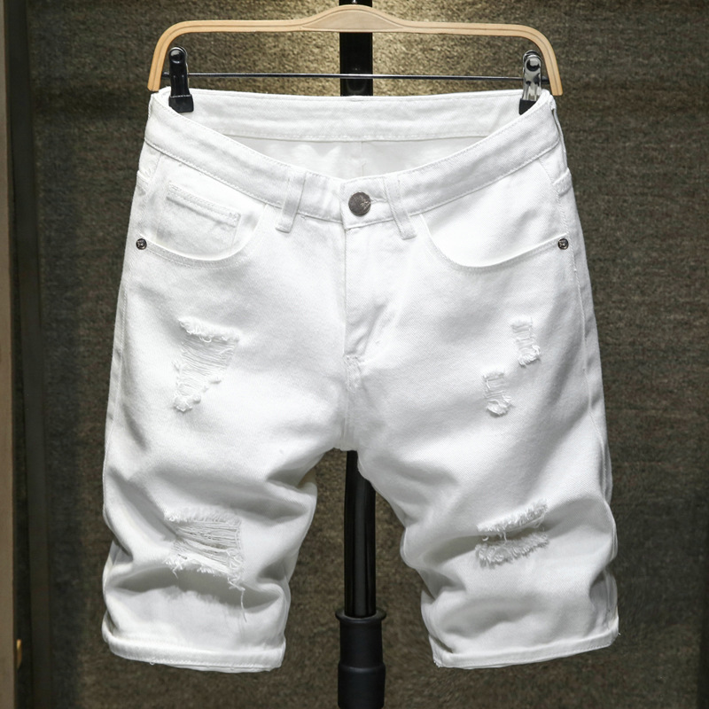 2022 Summer Punk Men's Jeans Handmade Distressed Cotton Shorts Straight-Leg Pants Urban 6602 Casual Versatile