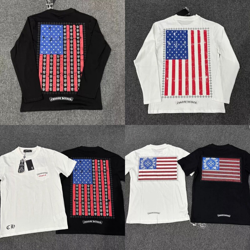 【High-Quality In-Stock Version】Ch Chrome Hearts Vintage Distressed Flag Print Long and Short Sleeve Unisex Style