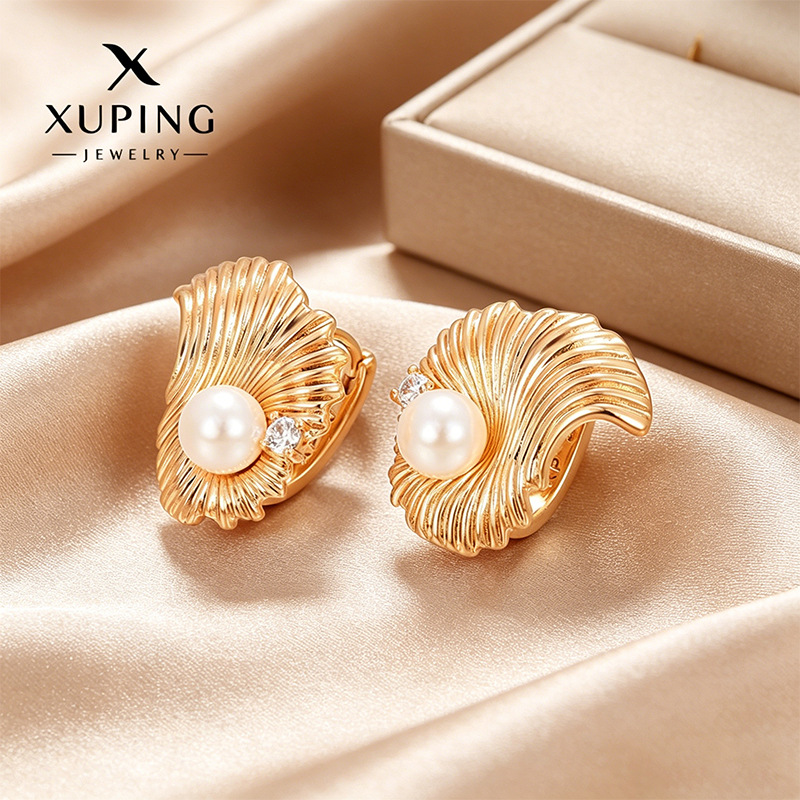 Aretes de hebilla de concha e imitación de perla de aleación chapada en 18K, estilo retro, para vacaciones