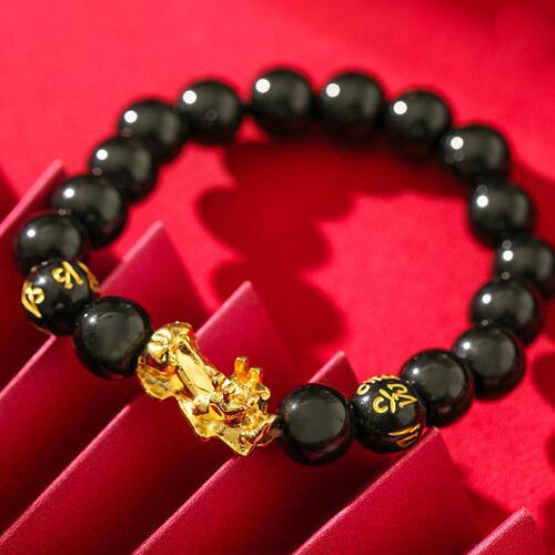 Cross-border fashion obsidian couple's bracelets with Pixiu, Six Syllable Mantra New Year Bracelets, Gold Light Luxury Style Buddhist Rosary Chains