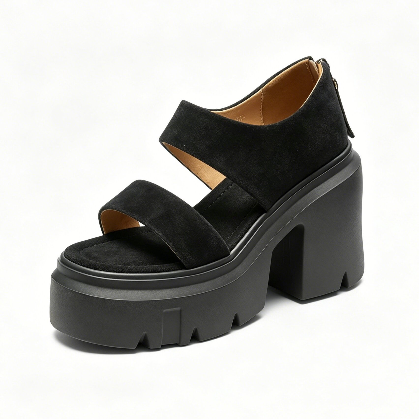 Sandal cao gót nữ quai ngang da cừu gót vuông 12 cm phong cách cổ điển La Mã — màu đen