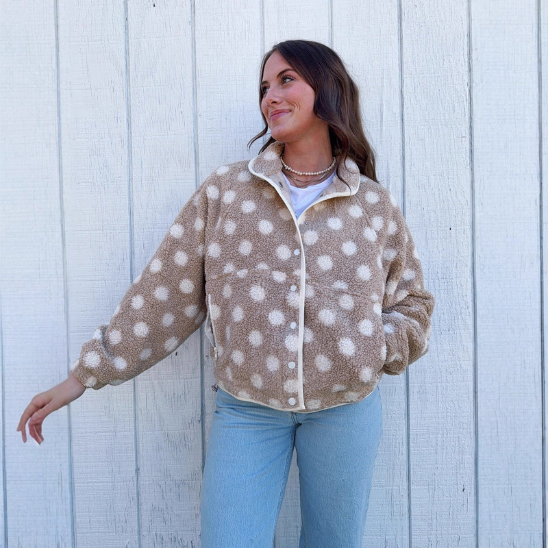 European and American Cross-Border Export Amazon 2025 Autumn and Winter Hot-Selling Fashionable Design Plush Red Polka Dot Jacket for Women