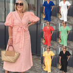 跨境外贸女装2025年夏新款亚马逊V领系带泡泡袖棉质连衣裙时尚