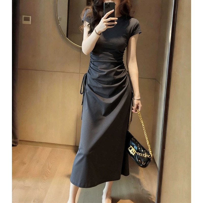Đầm maxi trẻ em tay ngắn phong cách Pháp Vintage, thiết kế thắt lưng xếp li hông — màu đen, màu xám chi tiết 4