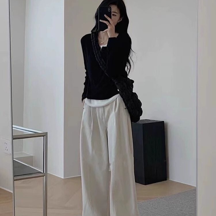 大码黑色假两件长袖T恤女秋季韩版不规则拼接修身显瘦打底衫上衣|undefined