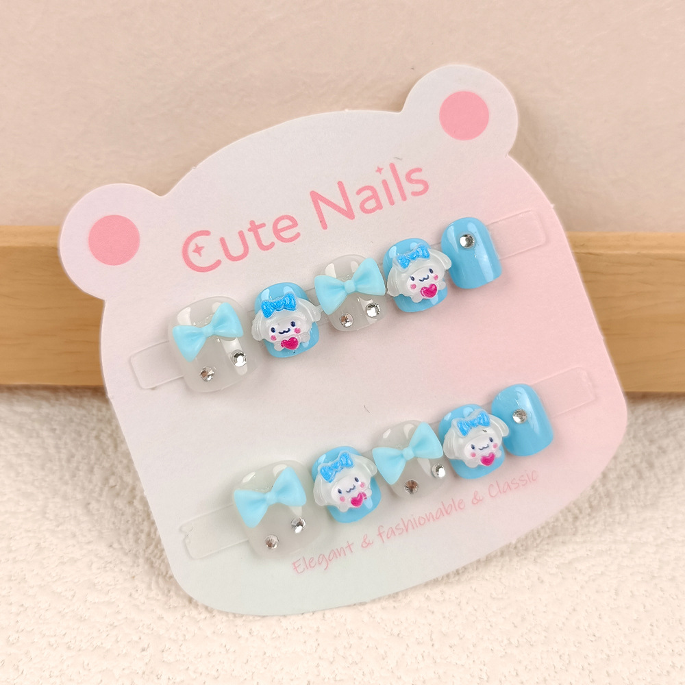 Dibujos animados para niños arte de uñas corto 3D arco para niños armadura de vestir 10 piezas de uñas de perro de jade con incrustaciones de diamantes tridimensionales